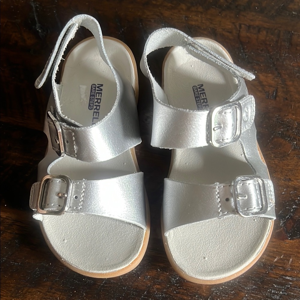 NEW Merrell Bare Steps Kids Open Toe leather Silver Sandals 8.5W Toddler Shoes